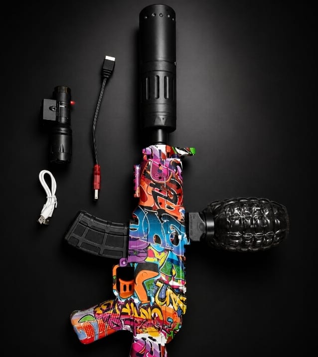 Arma de hidrogel AK-47 grafiti con humo y luces RGB
