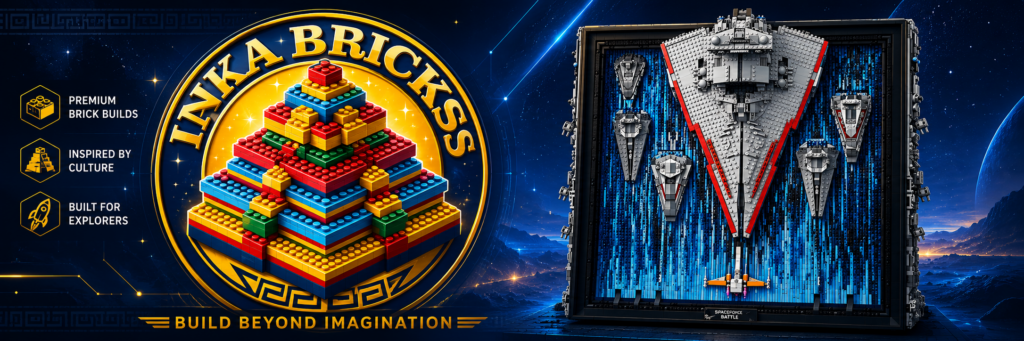 InkaBricks international building guide featuring premium brick builds and a space battle display model