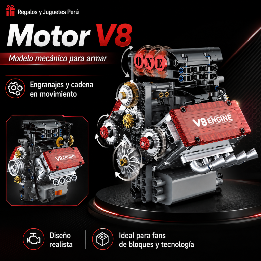 Motor V8 LEGO alternativo modelo mecánico de bloques armables en Perú